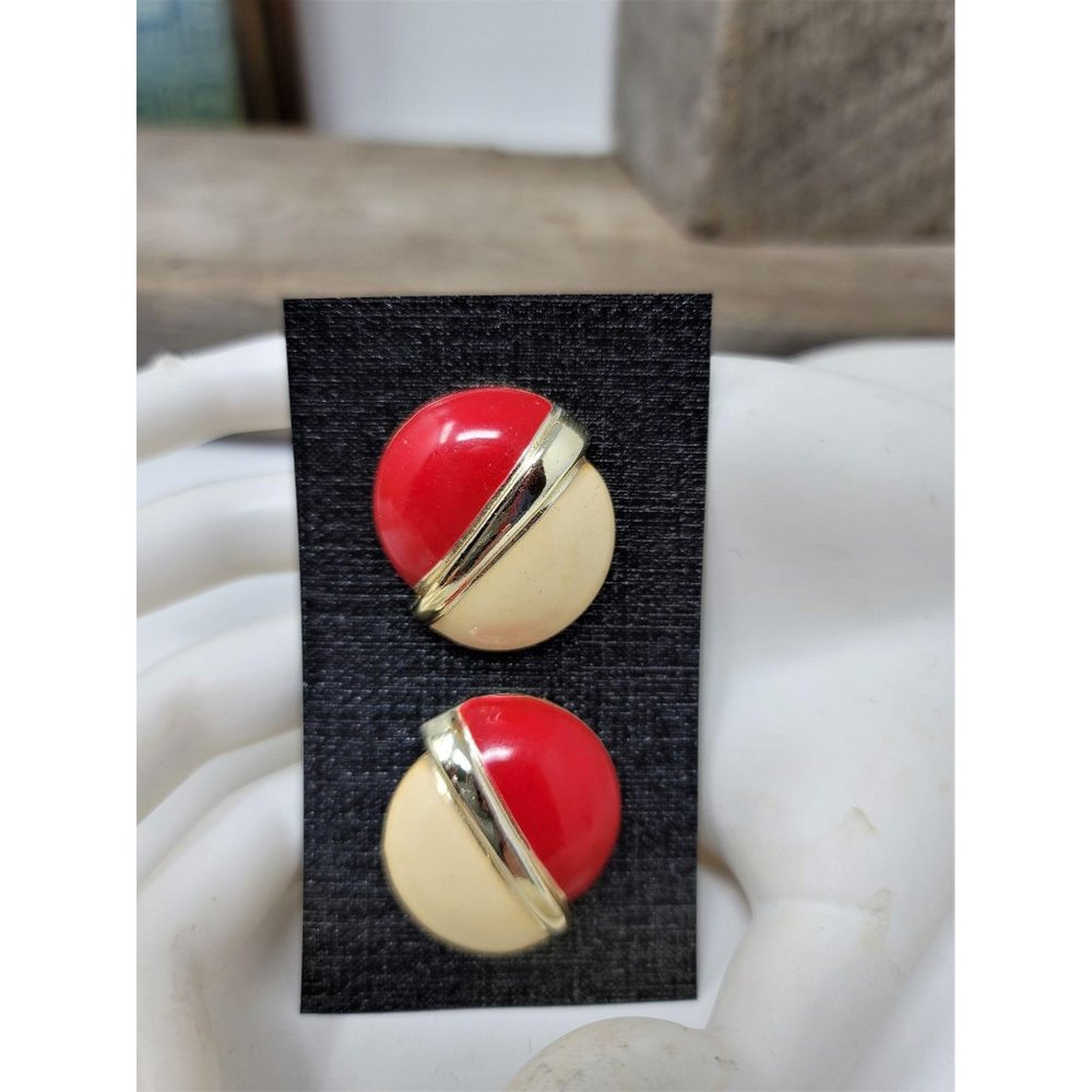 Vintage Enameled Red & Cream Pierced Earrings